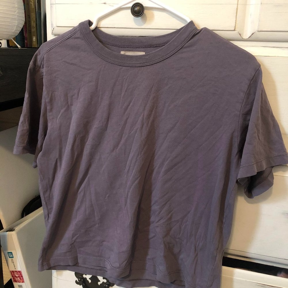 plain greyish purple t-shirt, slightly cropped